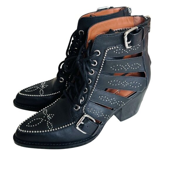 Coach Studded Leather Lace Up Heeled Booties Cutout Western Style size 8.5 - Picture 2 of 5